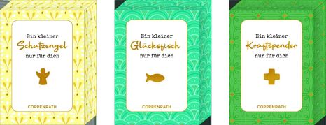 Drei Pakete mit Texten: "Ein kleiner Schutzengel", "Ein kleiner Glücksfisch" und "Ein kleiner Kraftspender".