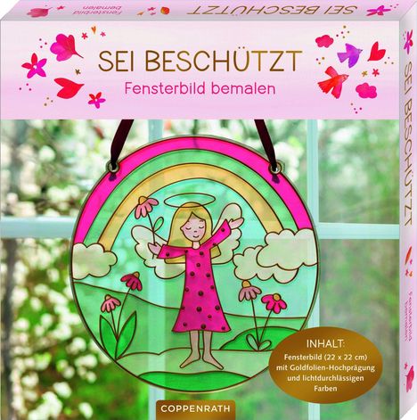 "SEI BESCHÜTZT. Fensterbild bemalen. Inhalt: Fensterbild (22x22 cm) mit Goldfolien-Hochprägung." 

Ein Engel vor einem Regenbogen.