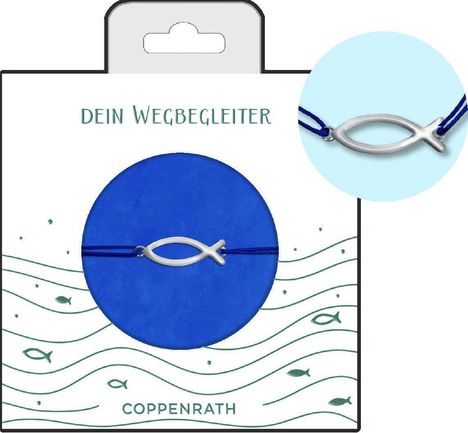 "DEIN WEGBEGLEITER" und "COPPENRATH" stehen auf der Verpackung. Es zeigt ein Armband mit einem Fischsymbol auf blauem Hintergrund.