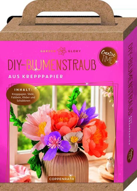 DIY-Blumenstrauß aus Krepppapier. Enthält Krepppapier, Stiele, Falzbein, Kleber, Schablonen. Buntes Blumenarrangement in Vase.