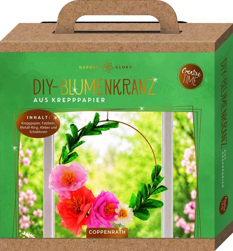 „DIY-Blumenkranz aus Krepppapier. Inhalt: Krepppapier, Falzbein, Metall-Ring, Kleber und Schablonen.” Rundes Kranzdesign.