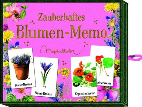 „Zauberhaftes Blumen-Memo“ in goldener Schrift vor rosa Hintergrund. Bunte Blumenkarten, darunter „Blauer Krokus“ und „Kapuzinerkresse“.