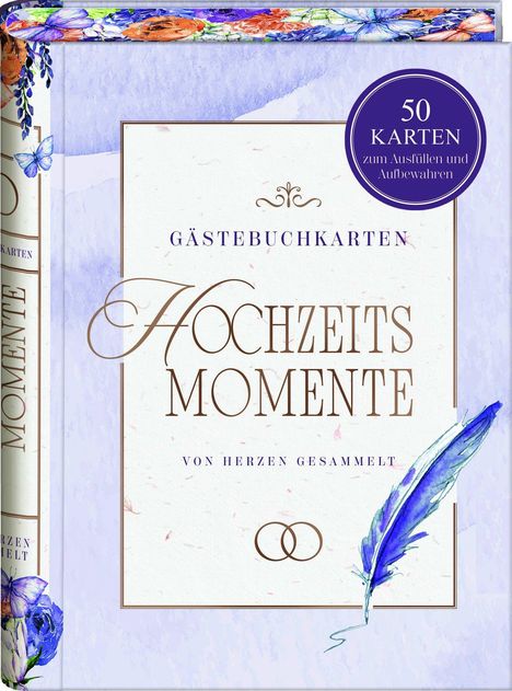 "Gästebuchkarten Hochzeitsmomente, von Herzen gesammelt, 50 Karten." Blumenmuster und Federn in Blau- und Violetttönen.