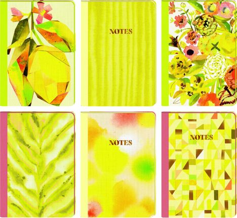 Sechs Notizbücher. Drei mit "NOTES" beschriftet. Designs: geometrische Zitrone, Blumen, Blätter, Streifen, Farbkleckse, Dreiecke.