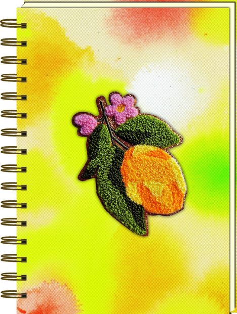 Kein Text. Spiralblock mit leuchtendem Aquarellhintergrund. Stickerei einer Zitrone mit Blättern und Blumen.