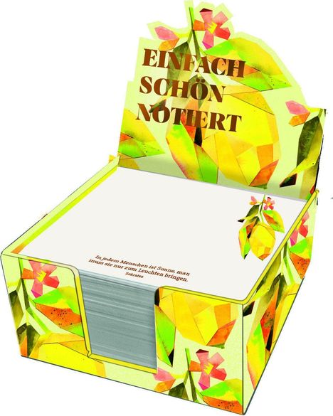 Text vorne: "Einfach schön notiert". Darunter bunte, geometrische Blumenmuster auf einer Box mit Notizzetteln.