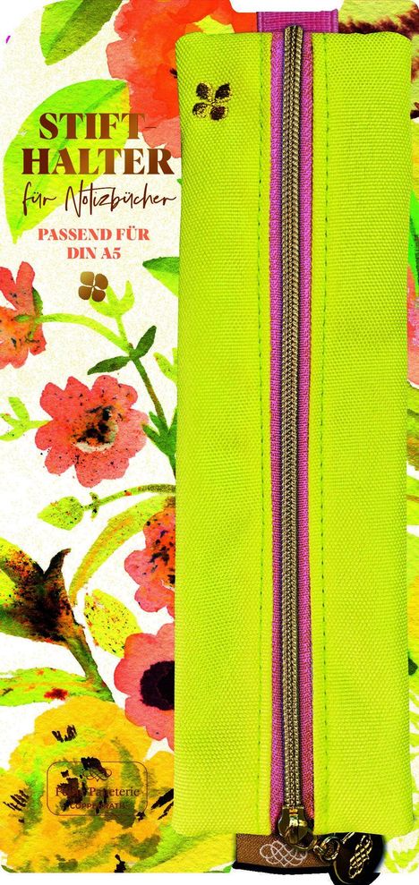 Text: "STIFTHALTER für Notizbücher. PASSEND FÜR DIN A5." Grüne Hülle mit Reißverschluss, umgeben von bunten Blumen.