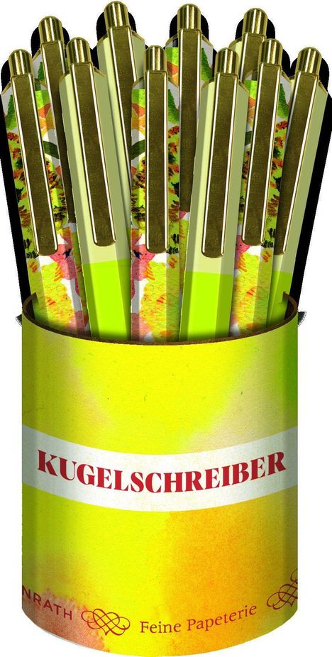 Text: "KUGELSCHREIBER". Eine gelbe Verpackung mit mehreren bunten Kugelschreibern darin.