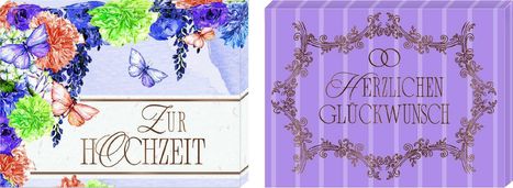 Links: "Zur Hochzeit", Blumen und Schmetterlinge. Rechts: "Herzlichen Glückwunsch" auf lila Hintergrund mit Verzierung.