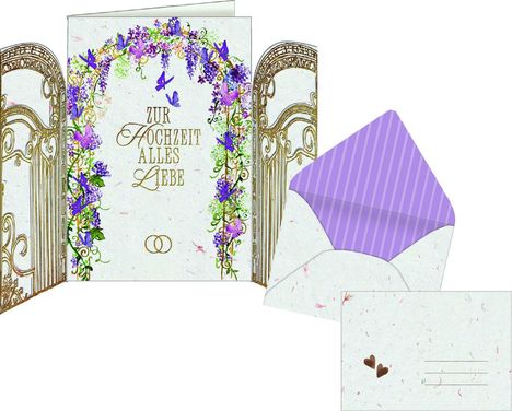 Zur Hochzeit alles Liebe. Karte mit lila Blumen und Schmetterlingen, Umschlag mit Streifen und zwei Herzen.