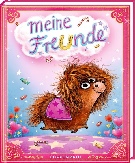 "meine Freunde" in bunten Buchstaben, darunter ein wolliges Pony auf einer bunten, märchenhaften Wiese.