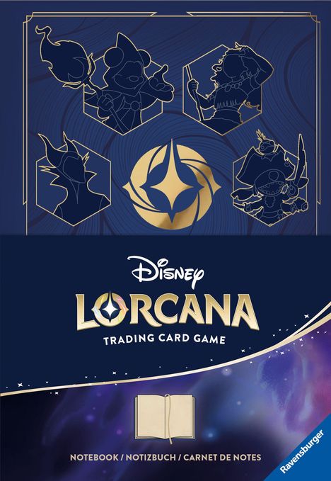 "Disney Lorcana Trading Card Game. Notebook/Notizbuch/Carnet de Notes." Oben skizzierte Figuren, zentral ein Logo.