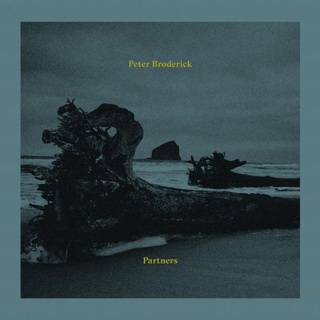 "Peter Broderick" und "Partners" stehen in gelber Schrift. Dunkler Strand mit Treibholz und einem Felsen im Hintergrund.