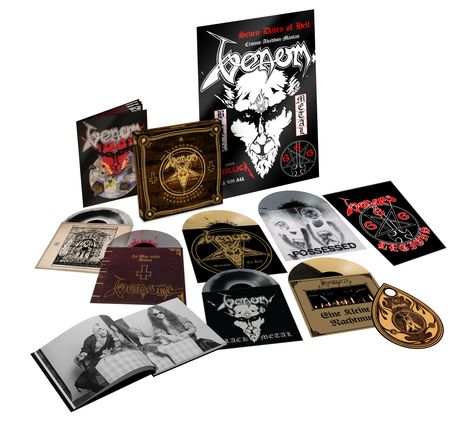 Venom: In Nomine Satanas: The Neat Anthology (40th Anniversary) (remastered) (Limited Edition Deluxe Boxset) (Colored &amp; Splattered Vinyl), 8 LPs, 1 Single 7", 1 Buch und 1 Merchandise