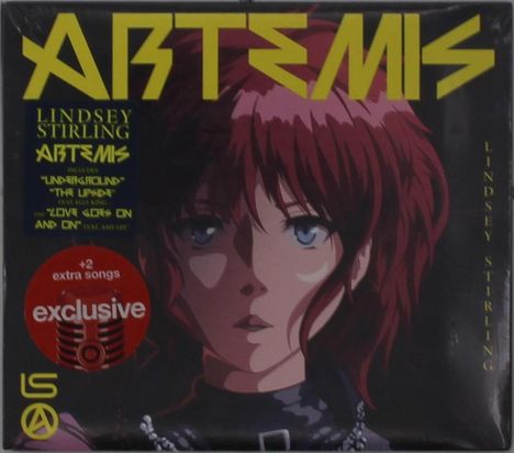 "ARTEMIS" in Gelb, darunter "Lindsey Stirling". Illustration zeigt Person mit roten Haaren und blauem Blick.