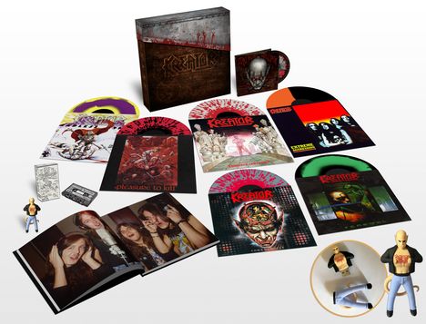 Kreator: Under The Guillotine: The Noise Records Anthology (Deluxe Box Set) (Colored Splattered Vinyl), 6 LPs, 1 MC, 1 DVD, 1 USB-Stick und 1 Buch