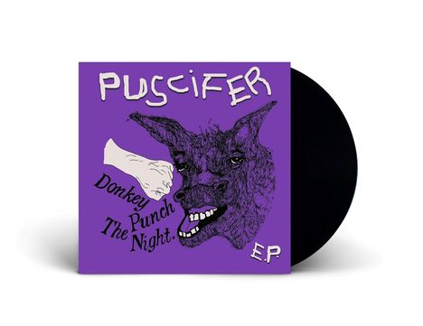 „Puscifer“, „Donkey Punch The Night“, „EP“. Eine Illustration: Ein Eselkopf, der von einer Faust getroffen wird, auf violettem Hintergrund.