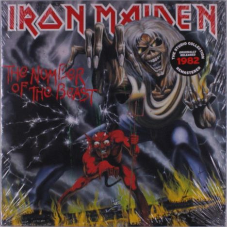 Text: "IRON MAIDEN", "The Number of the Beast", "1982". Illustration: Monster und Teufel, Feuer im Vordergrund.