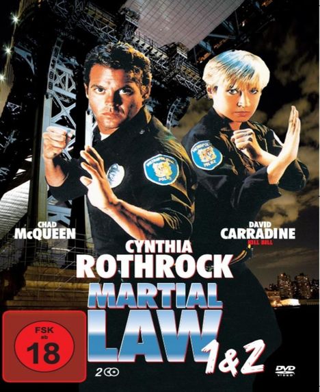 FSK ab 18. Chad McQueen, Cynthia Rothrock, David Carradine in "Martial Law 1 & 2". Zwei Polizisten in Kampfhaltung.