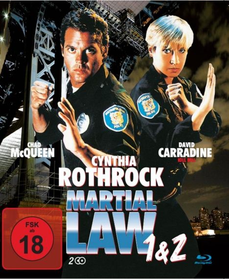 Text: "Chad McQueen, Cynthia Rothrock, David Carradine, Martial Law 1 & 2, FSK ab 18." Zwei Personen in Polizeiuniformen, Kampfszene.