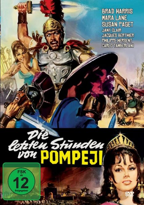 Titel: "Die letzten Stunden von Pompeji". Oben Kämpfer, unten Frau mit Krone, FSK 12. 
