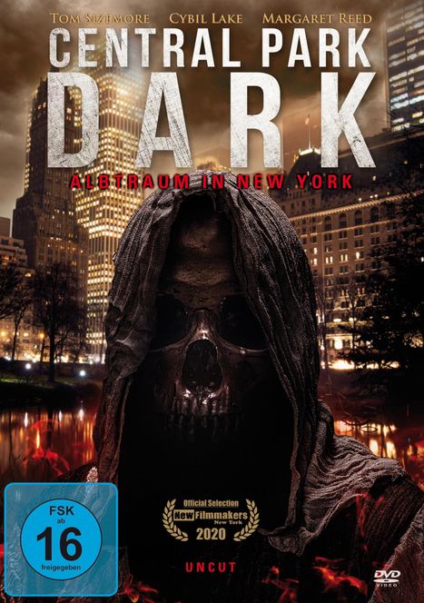 „Central Park Dark: Albtraum in New York“, ein Skelett in Kapuze vor beleuchteten Wolkenkratzern, bedrohliche Stimmung.