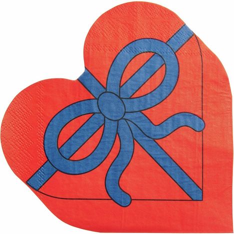 Rotes Herz mit einer großen blauen Schleife, die einem Geschenkband ähnelt.