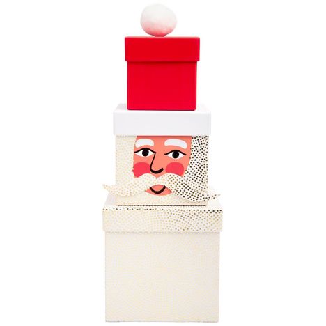 Illustration eines übereinander gestapelten Geschenks, das wie ein Weihnachtsmann aussieht, mit rotem Hut und Wattebommel.