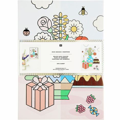 Malen nach Zahlen Set mit Geschenkpaket, Blumen, Bienen und Wolken. Enthält Text: "Rico Design x Redfries, Eye Candy."
