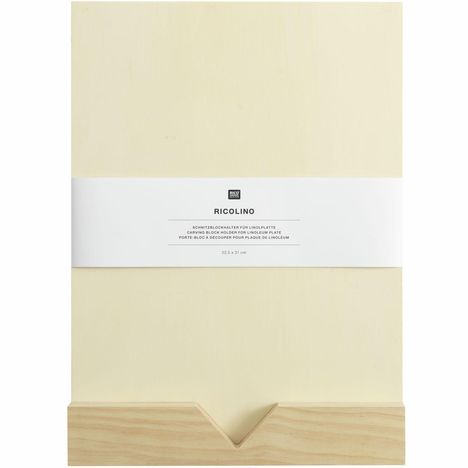 Text: "Rico Design, RICOLINO, Schnitzblockhalter für Linolplatte, 22,5 x 31 cm." Holzhalterung mit Schlitz oben.