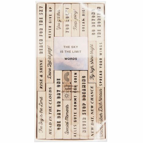 Texte: "THE SKY IS THE LIMIT WORDS", "RISE & SHINE", "NEVER GIVE UP", "YOU GOT THIS." Holzklötze mit motivierenden Worten.