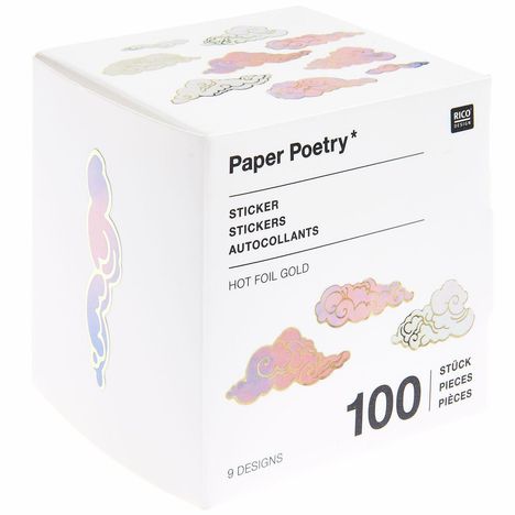 "Paper Poetry"; "Sticker, Stickers, Autocollants"; "HOT FOIL GOLD"; "100 Stück"; "9 Designs"; Wolkenmotive in Pastellfarben.