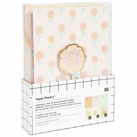 "Paper Poetry* Kartenset mit 3D Applikationen Blumen." Die Verpackung zeigt ein florales Design mit pastellfarbenen Blumen.
