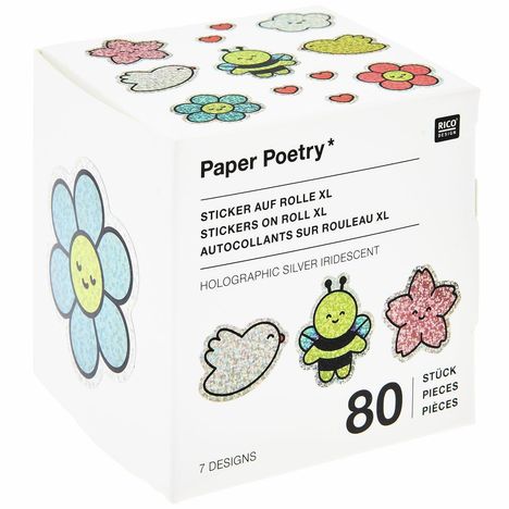 Verpackung von Paper Poetry mit XL-Stickern. Motive: Blume, Biene, Wolke. 80 Stück, 7 Designs, holografischer Glitzereffekt.
