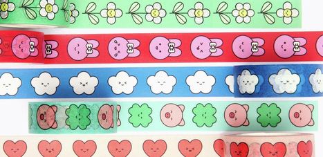 Bunte Washi-Tape-Streifen: Blumen auf Grün, Häschen auf Rot, Wolken auf Blau, Glücksklee und Schweine auf Hellgrün, Herzen auf Beige.