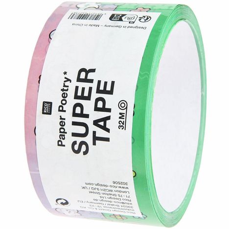 Die Texte lauten „Paper Poetry* SUPER TAPE 32M“. Eine Rolle Klebeband mit pink-grünem Hintergrund.