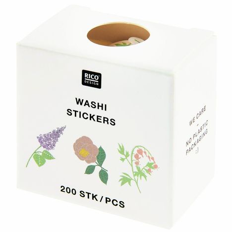 Text: "WASHI STICKERS", "200 STK/PCS", "WE CARE NO PLASTIC PACKAGING :)". Logo oben, Blumenillustrationen darunter.