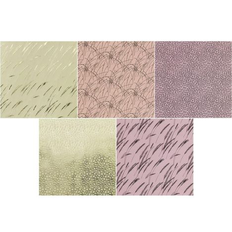 Fünf künstlerische Muster: Gräser auf grün und rosa Hintergrund, Kreise auf rosa, und zarte Punkte auf grün.
