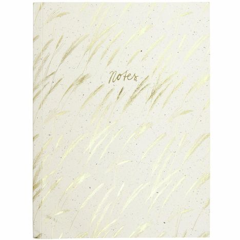 "Notes" steht in eleganter Schrift auf beige-goldenem Hintergrund, verziert mit goldenen Gräsern.