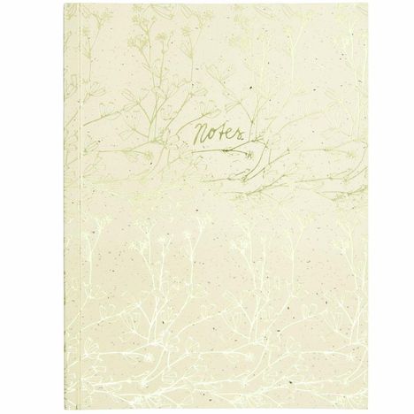Notizbuch mit dem Wort "Notes" und zartem Blumenmuster auf hellem Hintergrund.