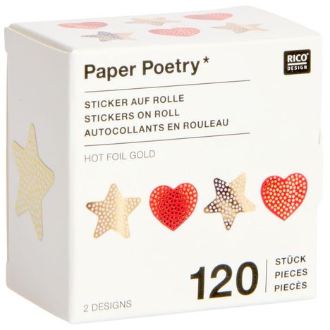 "Paper Poetry* Sticker auf Rolle, Hot Foil Gold, 120 Stück." Abgebildet sind goldene Sterne und rote Herzen.