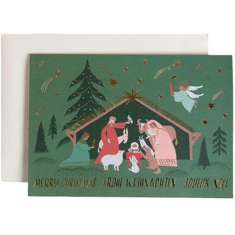 "Merry Christmas," "Frohe Weihnachten," "Joyeux Noël" unter einer Illustration der Krippenszene mit Tieren und einem Engel.