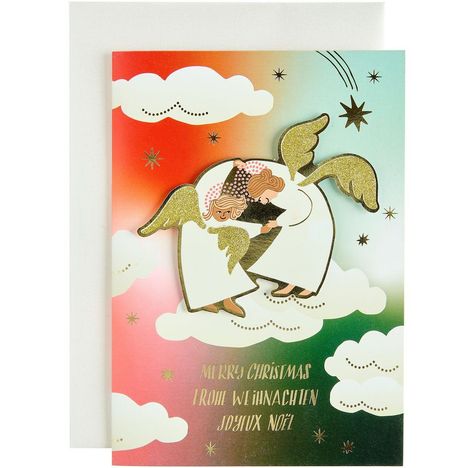 "Merry Christmas, Frohe Weihnachten, Joyeux Noël" steht auf einer Karte mit Engeln auf einem himmlischen Hintergrund.