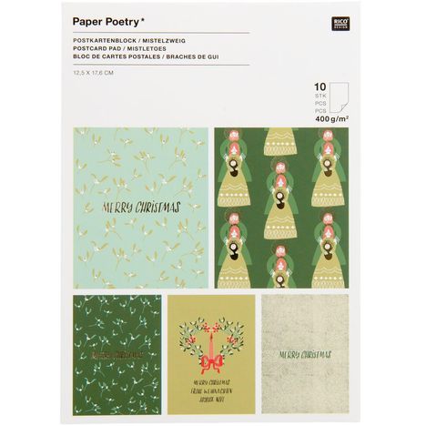 "Paper Poetry" Postkartenblock mit Mistelzweig-Dekor. Enthält mehrfach "Merry Christmas" in verschiedenen Designs.