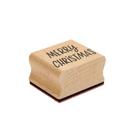 Holzstempel mit den Worten "Merry Christmas" in schwarzer Schrift und gewellter Form mit roter Stempelfläche.