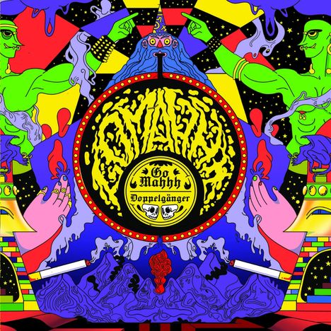 Label „Go Mahhh Doppelgänger“, bunte, psychedelische Illustration mit Figuren, Händen und surrealen Elementen.