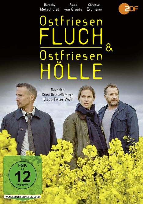 Text: "Ostfriesenfluch", "Ostfriesenhölle", ZDF-Logo. Drei Personen stehen in einem gelben Blumenfeld, ernst blickend.