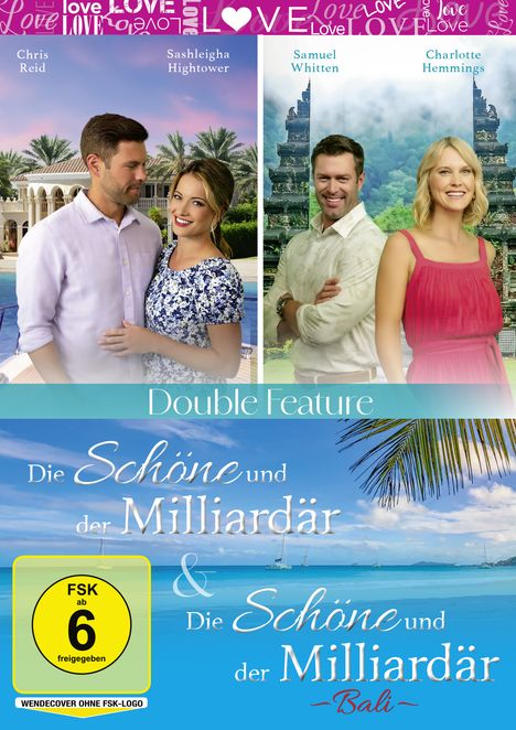 Text: "Double Feature: Die Schöne und der Milliardär & Die Schöne und der Milliardär Bali. FSK ab 6." Zwei glückliche Paare vor exotischem Hintergrund.