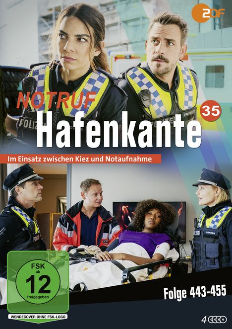 "NOTRUF Hafenkante 35. Im Einsatz zwischen Kiez und Notaufnahme. Folge 443-455." Zwei Polizisten und Rettungsszene.