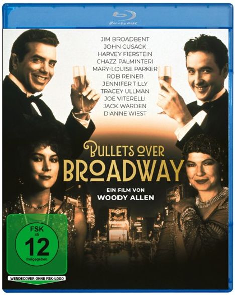 Blu-ray-Hülle: "Bullets Over Broadway", Film von Woody Allen, FSK 12, Schauspieler halten Sektgläser.
